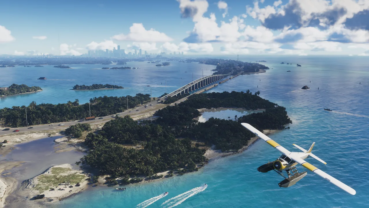Captura oficial de GTA VI con los Leonida Keys y un hidroavión