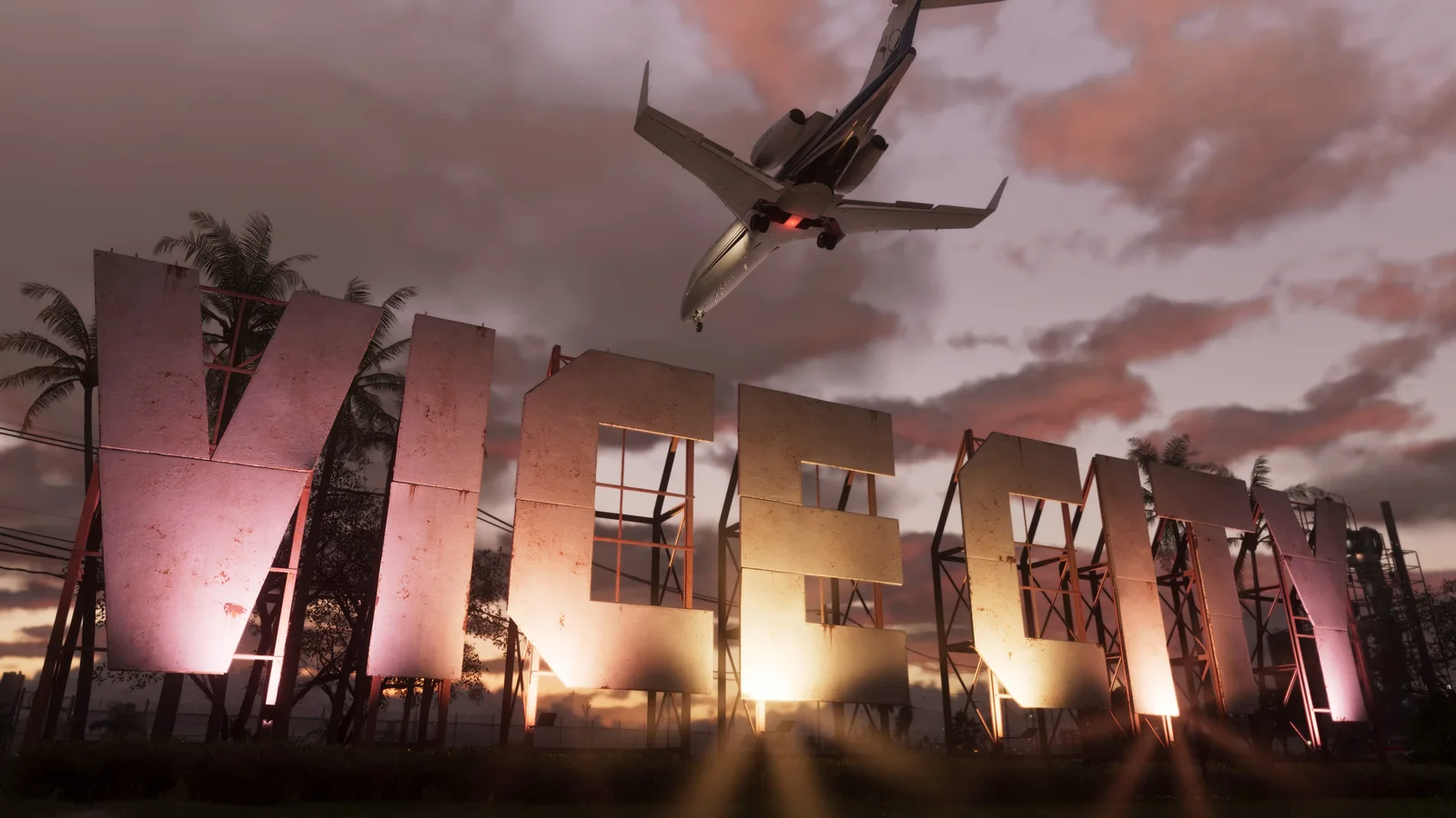 Captura oficial de GTA VI con el letrero de Vice City y un avión sobrevolándolo